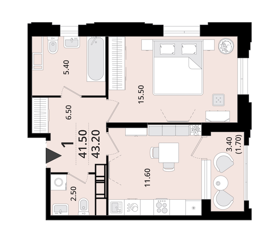 1-комнатная квартира 43.2 м², 10/13 эт., ЖК «Тайм Сквер»